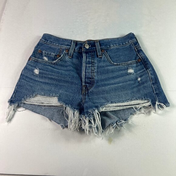 Levi's Jean Shorts Women's 27* 501 Blue Cut Off Distressed Denim Jorts Tag 26 - Picture 1 of 16